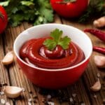 Red-white bowl of ketchup with herb on the top on a wooden table with scattered ingredients around.