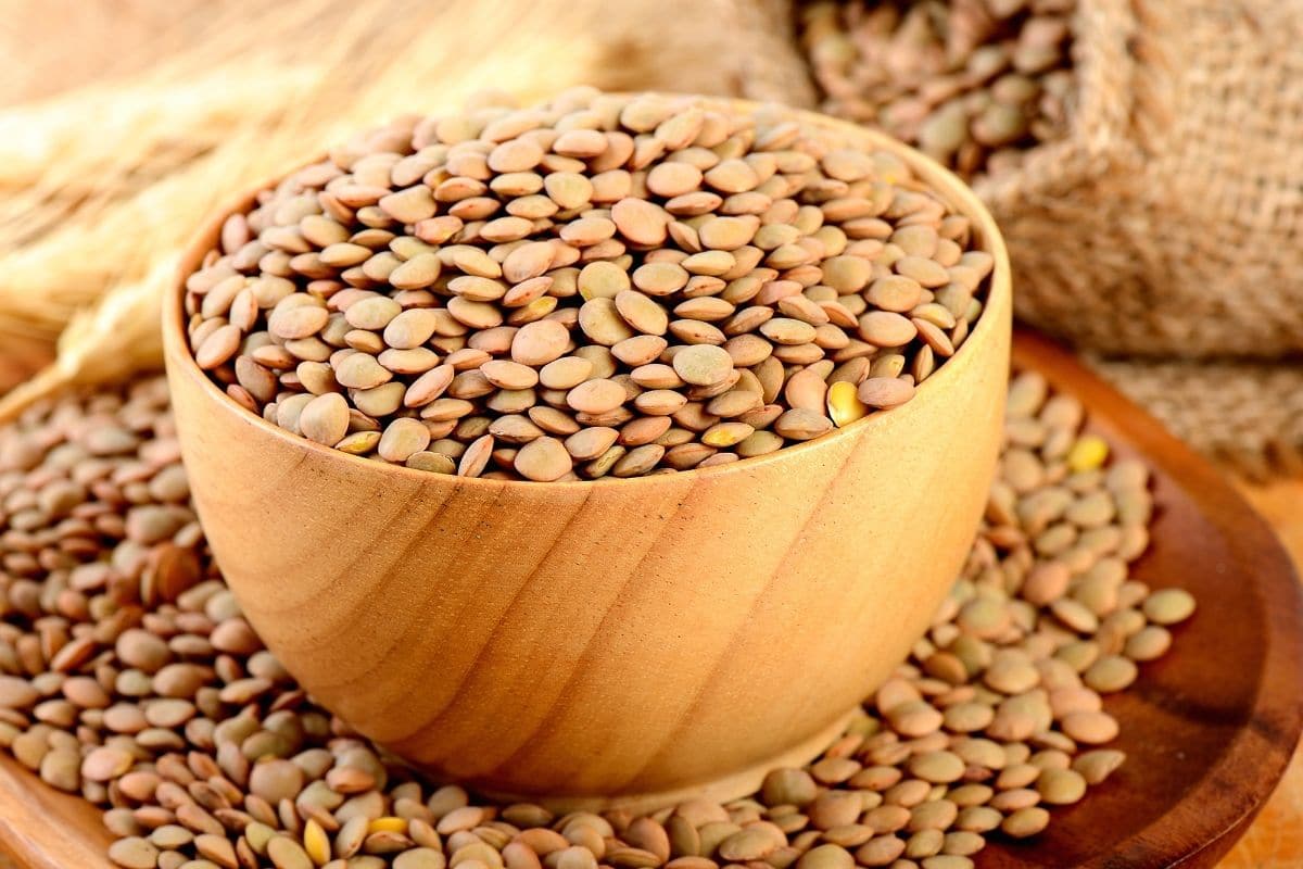 Wooden bowl full of lentils on wooden tray with scattered lentils.