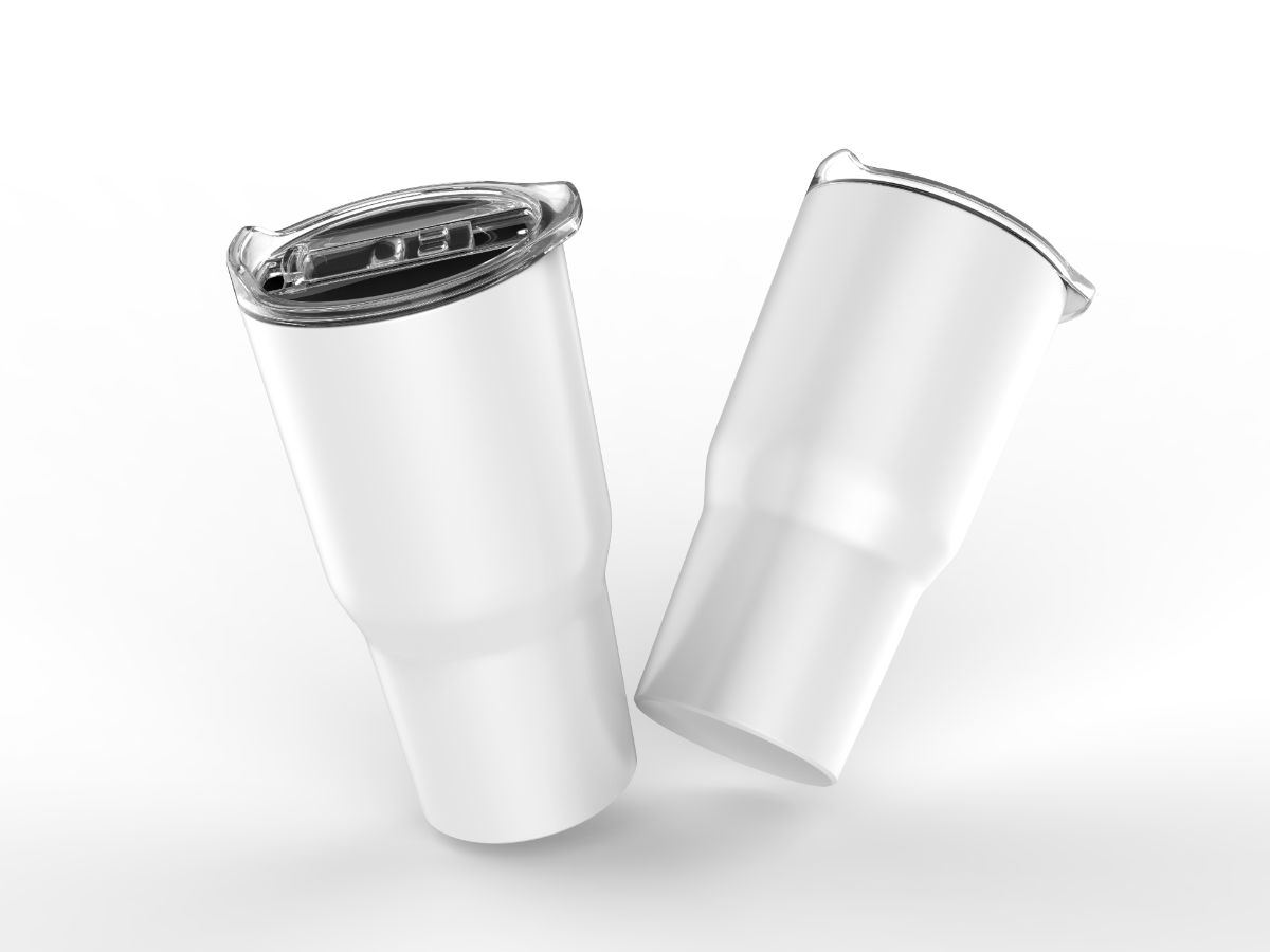 Two white tumblers on white background.