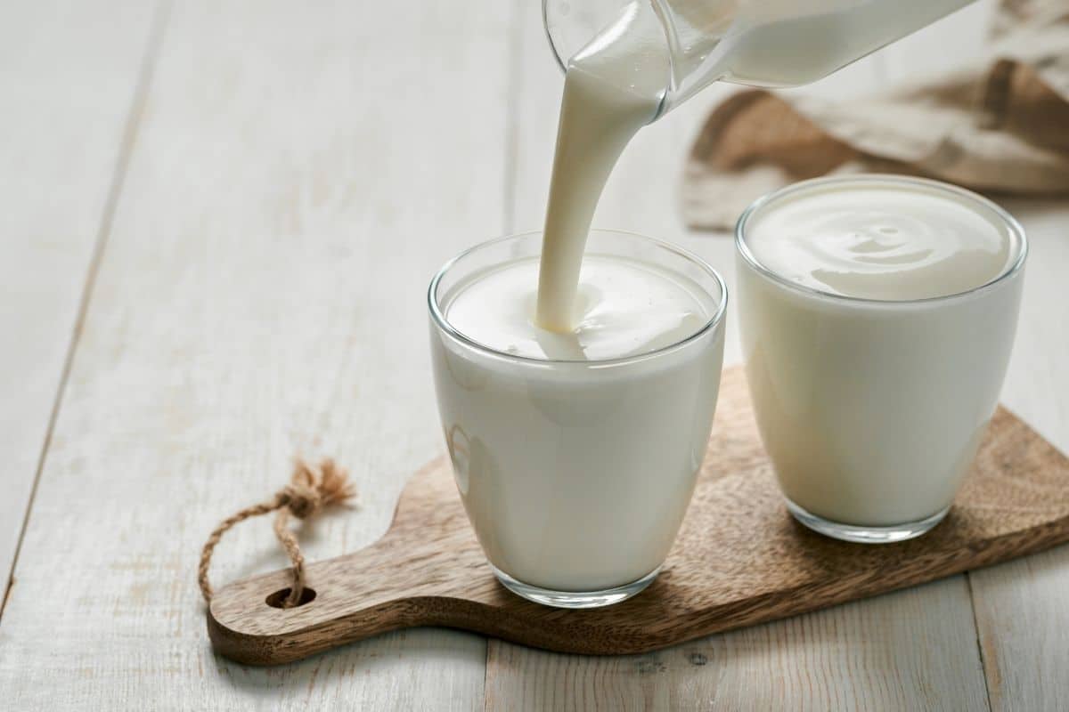 Two glass cups full of kefir on wooden cutting board on wooden table.