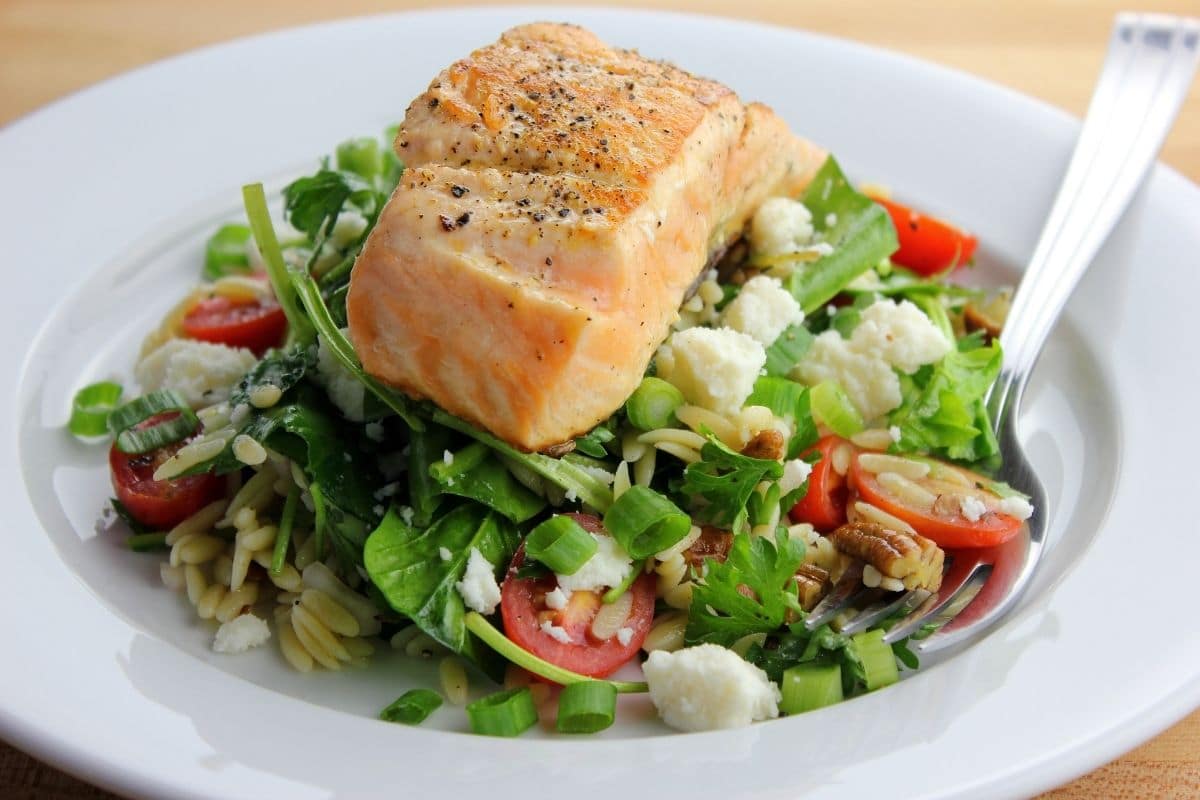 Salmon and salad with fork on white plate.