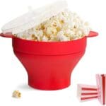 Red microwave popcorn popper on white background