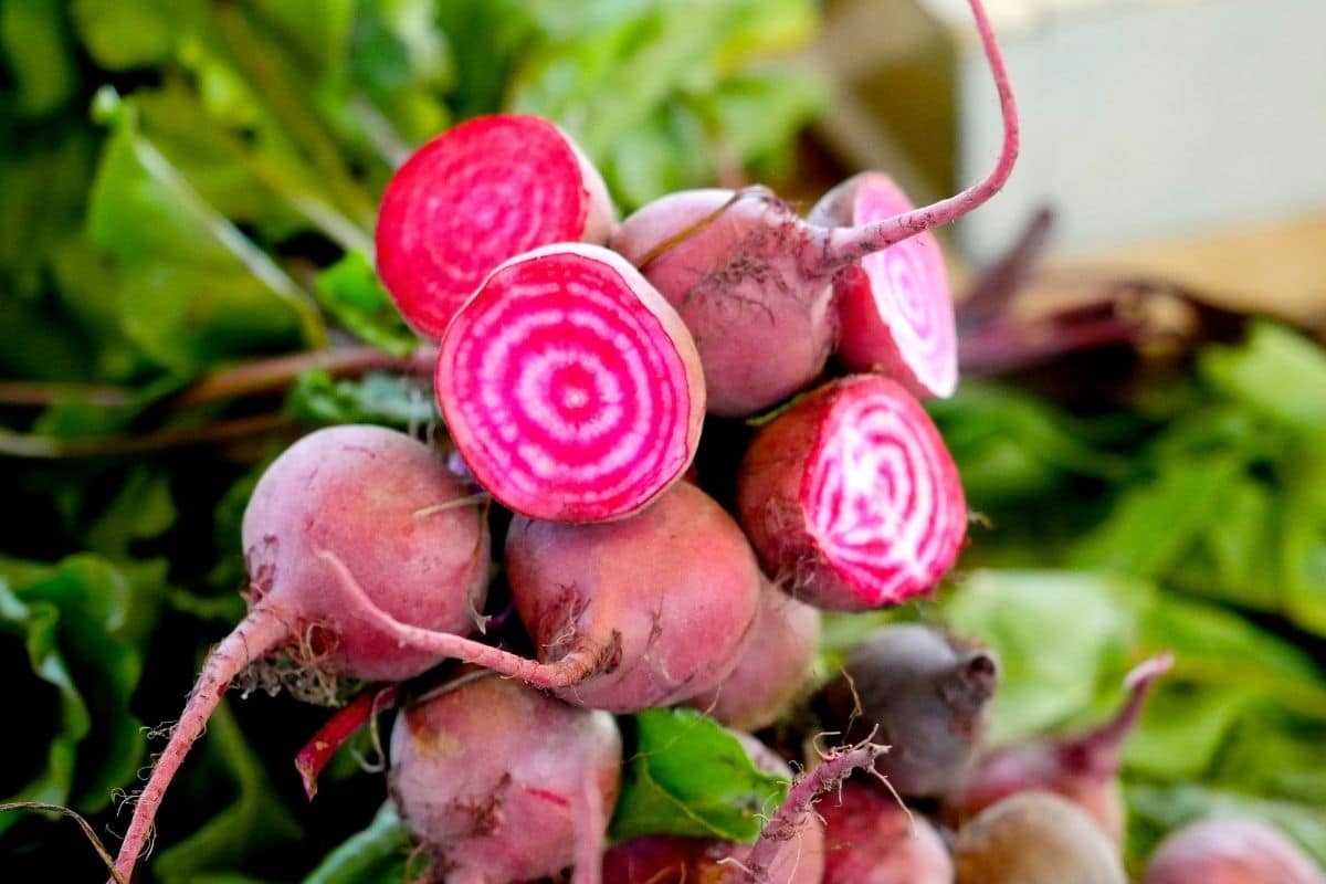 Bunch of whole and half cutted beets