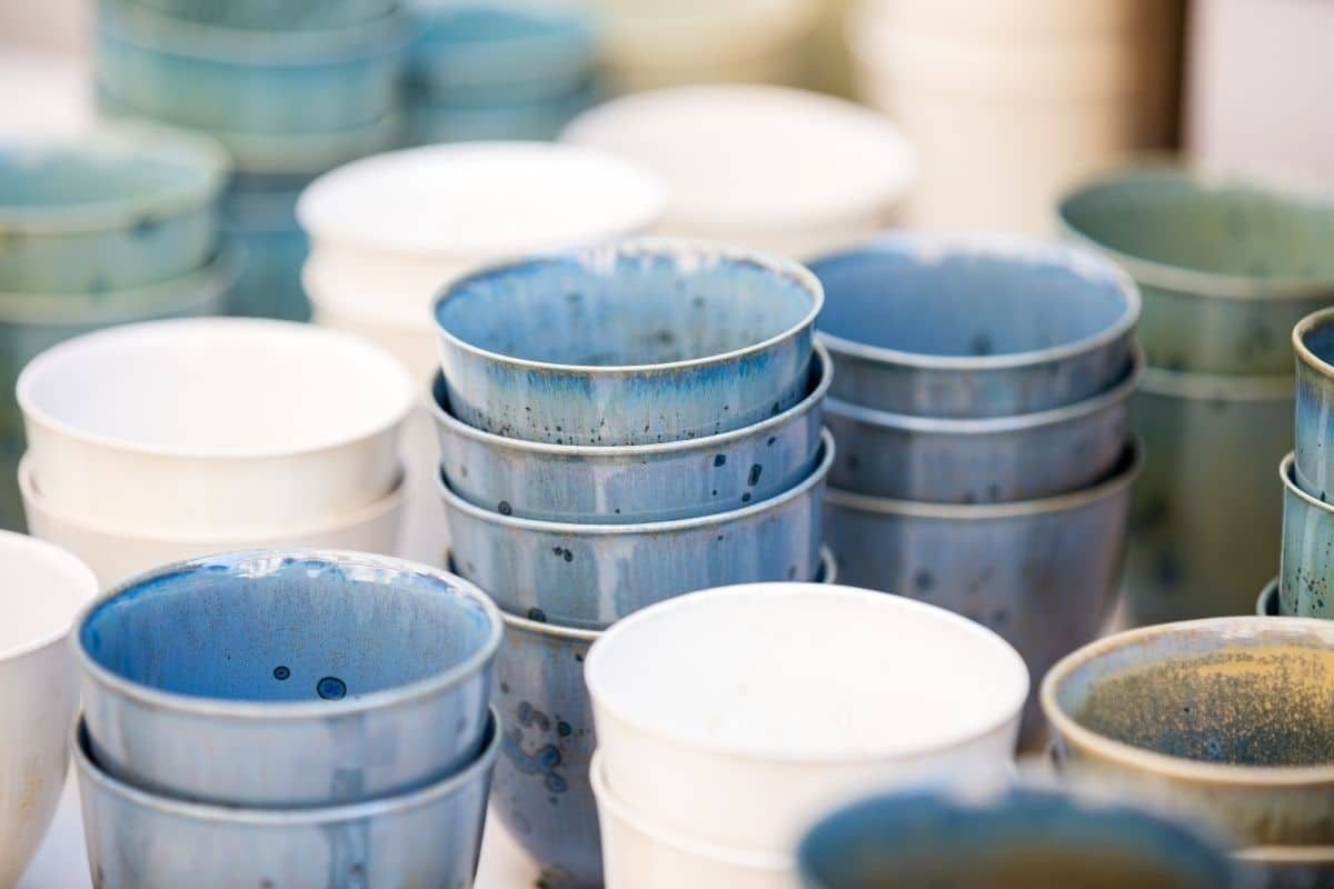 Piles of colorful ceramic bowls