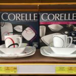 Corelle dinerware on wooden shelf