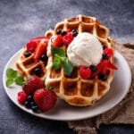 Waffles with whipped cream, herbs, and fruits on white plate