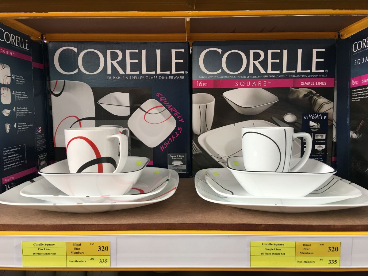 Corelle cups with plates on shelf