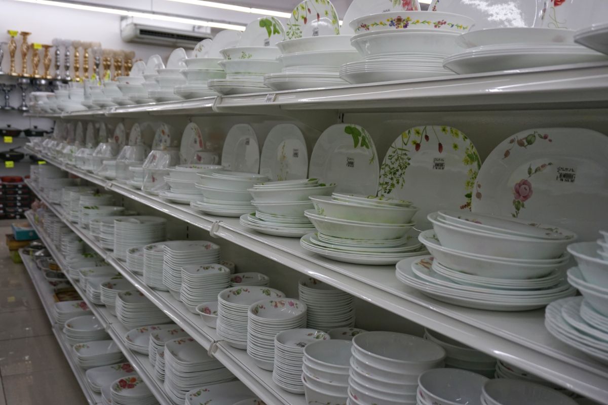 Corelle dinerware on shelves