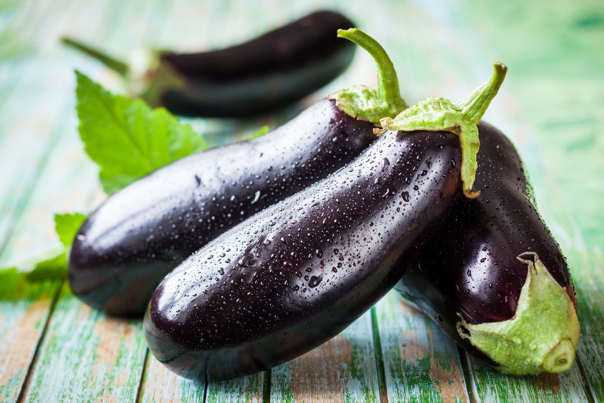 Fresh eggplant on wooden table