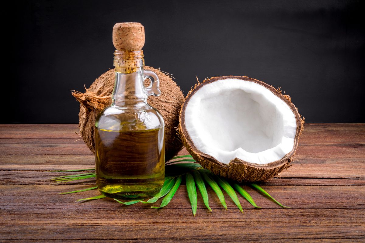Glass bottle of coconut oil with coconuts on wooden table