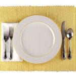 Melanine plate with knive, spoon and forks on yellow pad