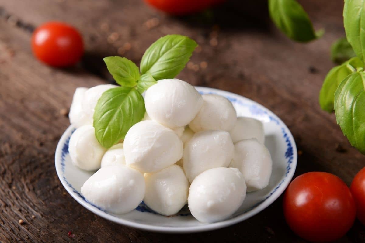 Mozzarella cheese on blue-white plate with herb on table with tomaotes