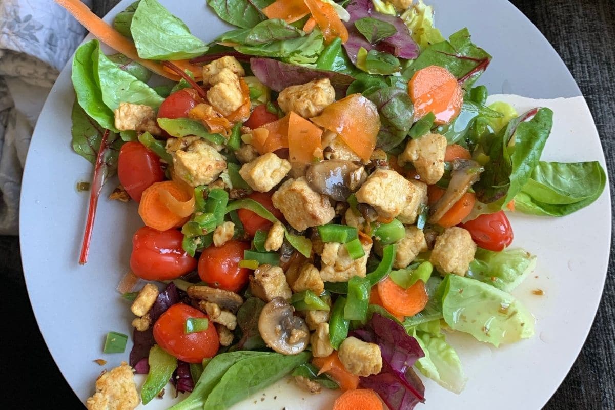 Quorn salad on white plate