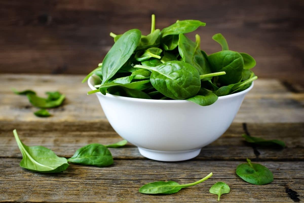 Fresh spinach in white bowl and scattered on wooden table