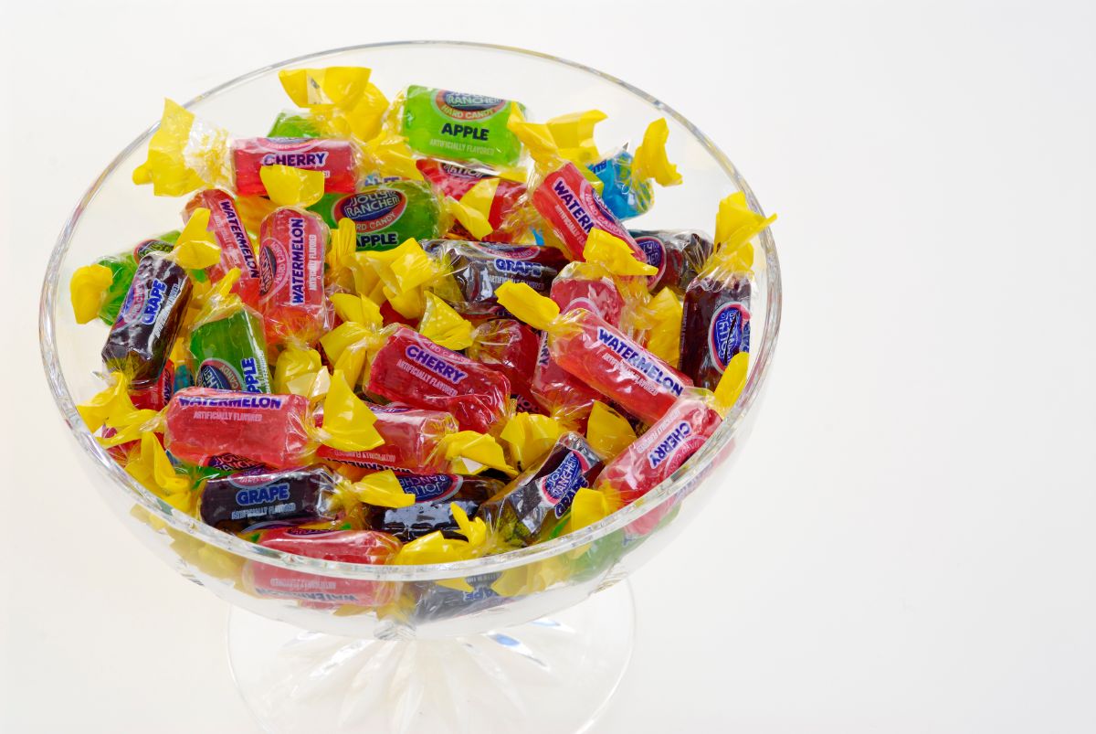Glass bowl of jolly rancher candies