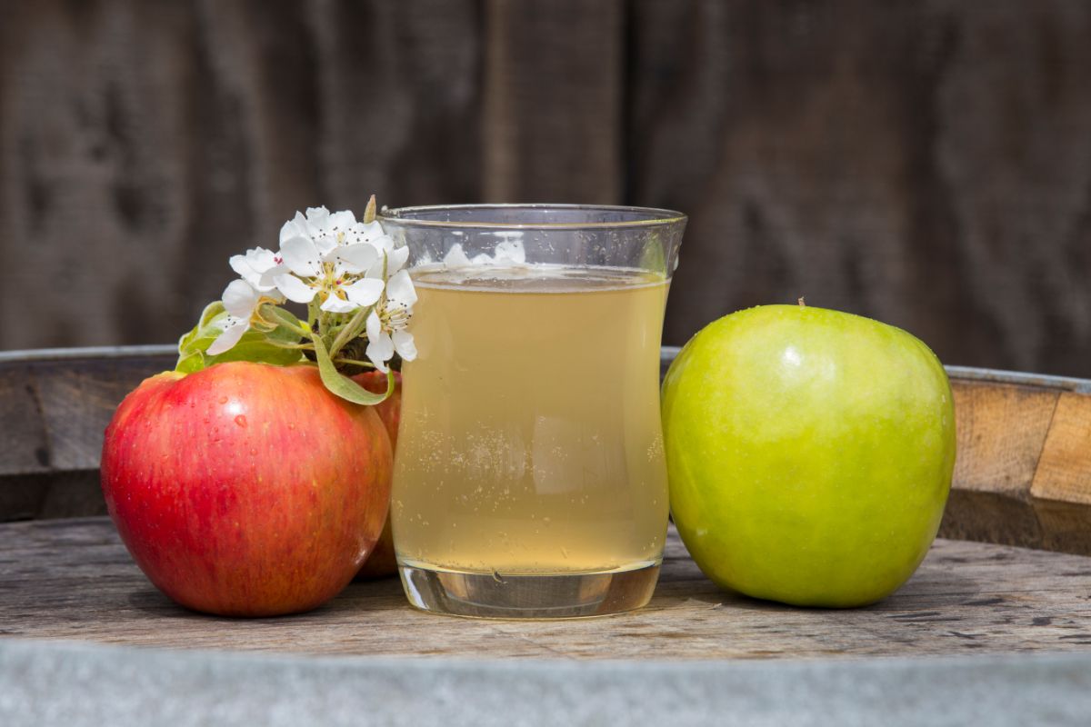 Glass of apple cider between ripe apples on a table.