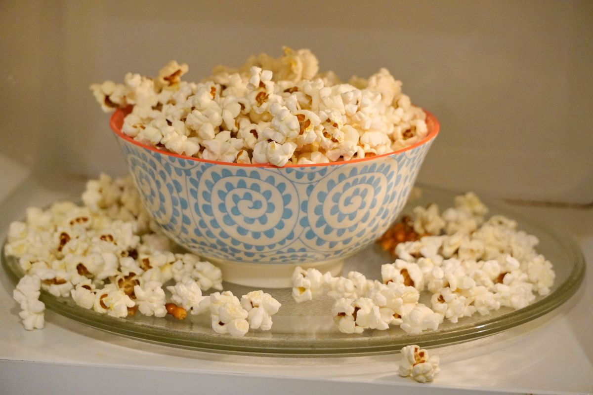 Bowl of popcorn in  microwave.