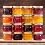 Piles of different vaieties of jams in jars on a wooden board.