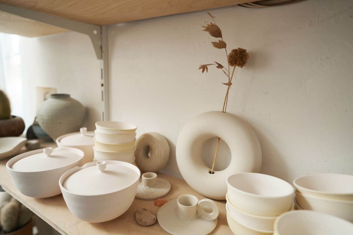Ceramic glazed modern-looking pottery  on a shelf.