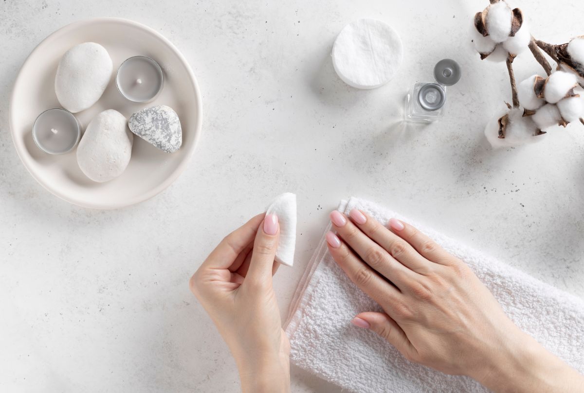 Woman removing with cotton polish nail.