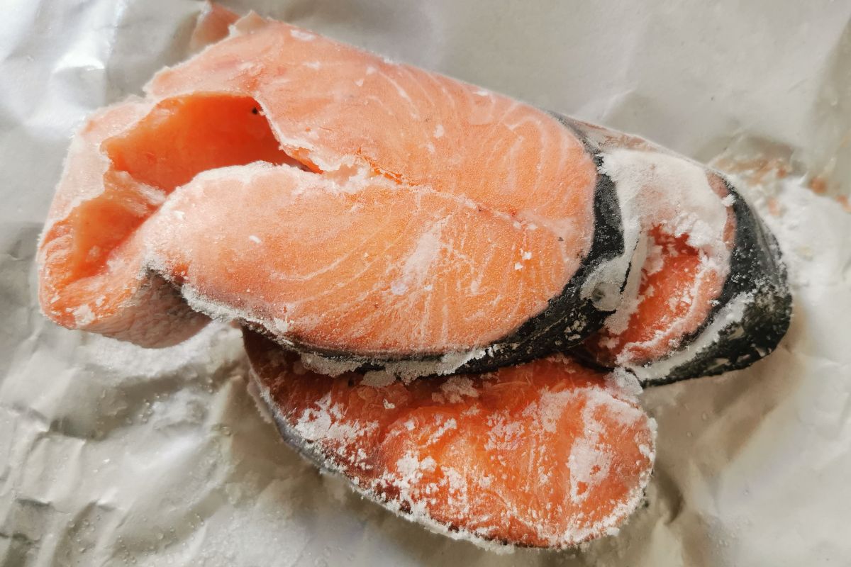 Two frozen salmon fillets.